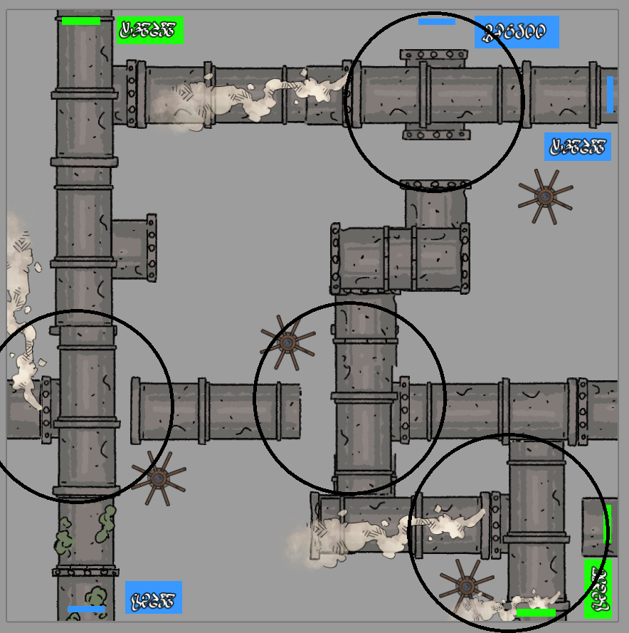 A set of pipes are laid about, featuring indications of two types of liquids. In the current state, no liquids can flow from start to finish and require careful manoeuvring of some key pipes to work properly.