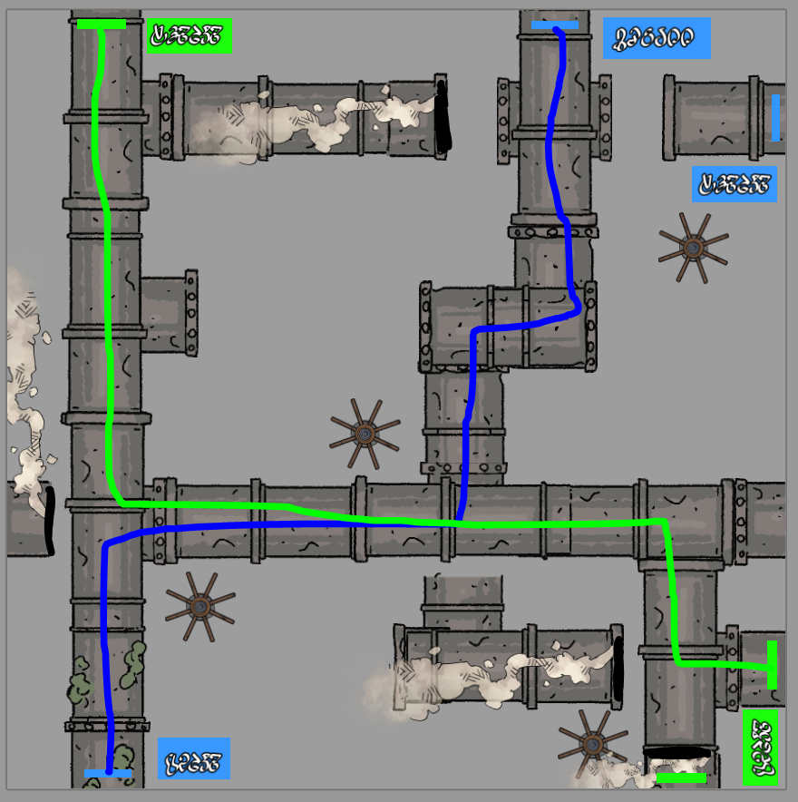 The solved puzzle, drawn lines indicate the 'proper' path of liquid flow. One of the liquids outputs via the 'bypass', instead of the output.